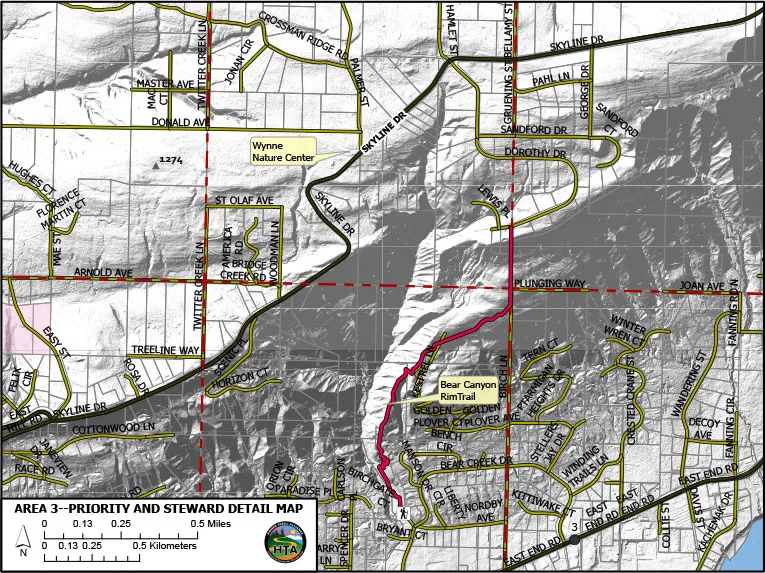 A map of trails for Bear Canyon and the Wynn Nature Center