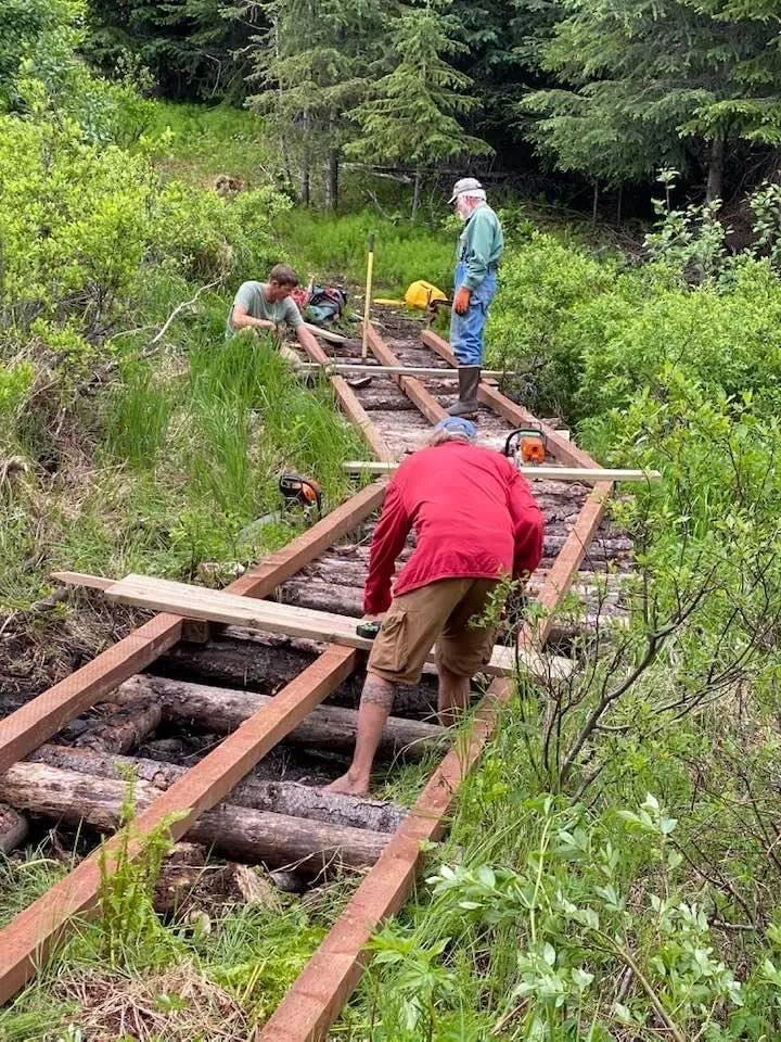 Three people in the woods, building a wooden walkway for a trail
